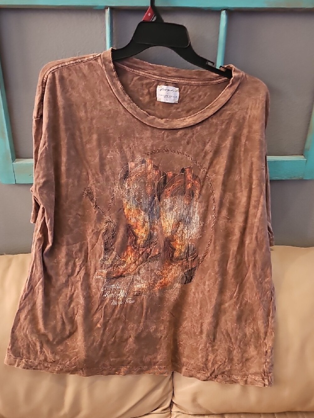 NWOT Free People Brown Vintage Souls Graphic Tee with Cowboy Boot Print - Picture 3 of 4